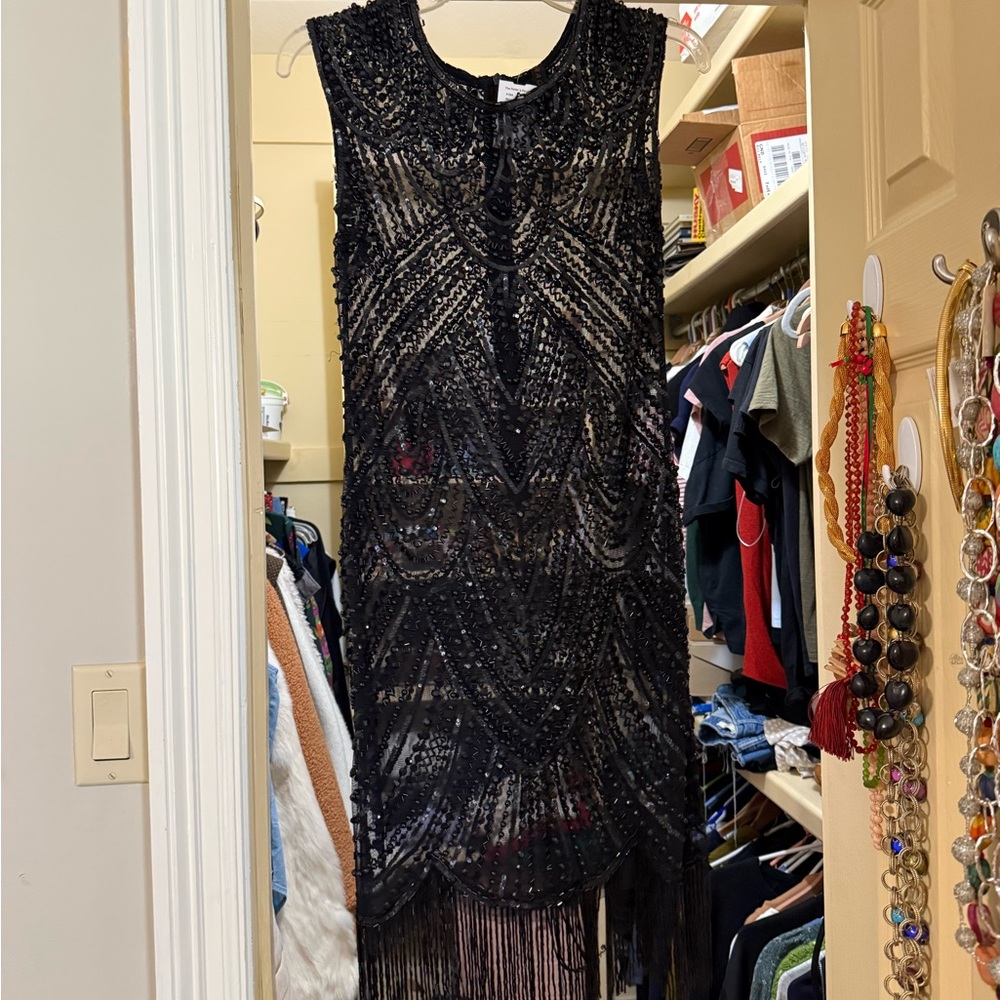RAGA Black Beaded Fringe Midi Dress
